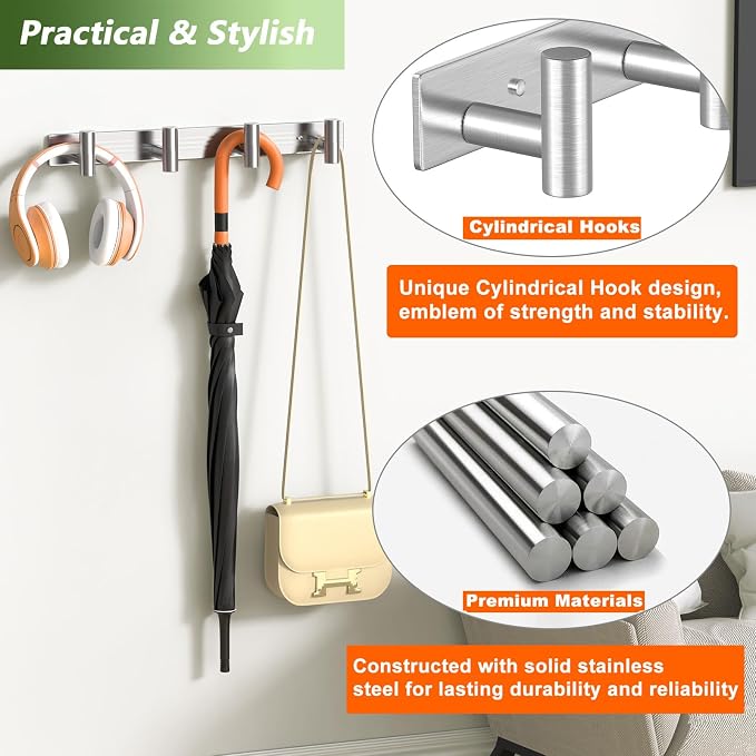 Wall Mounted Coat Rack-4 Hooks, Heavy Duty Stainless Steel Hook Rail - Image 4