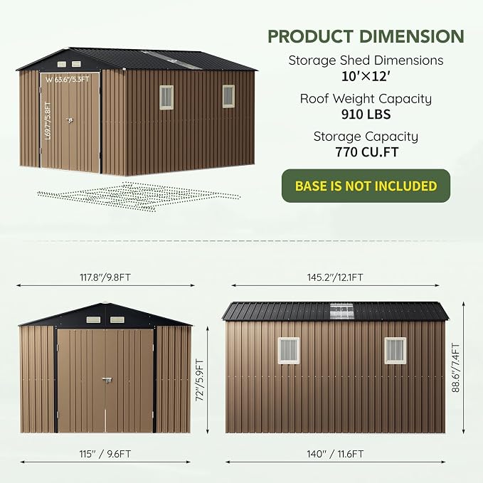 10x12 FT Outdoor Metal Storage Shed, Double Swing Doors, 2 Clear Windows - Image 2