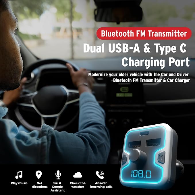 Car and Driver Bluetooth 5.0 FM Transmitter Charger, Dual USB-A and USB-C - Image 2
