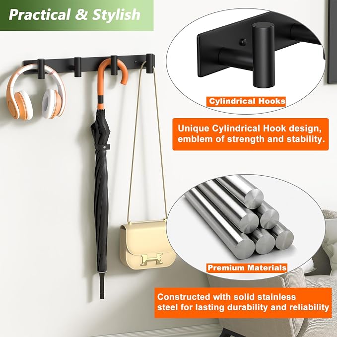 Wall Mounted Coat Rack-4 Hooks, Heavy Duty Stainless Steel Hook Rail - Image 3