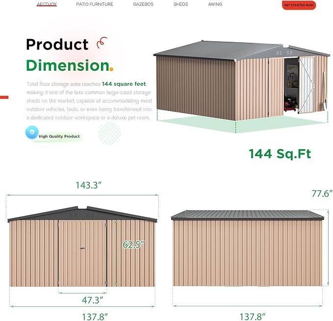 AECOJOY 12' x 12' Shed Metal, Outdoor Storage Sheds & Outdoor Storage 12' x 12' - Image 6