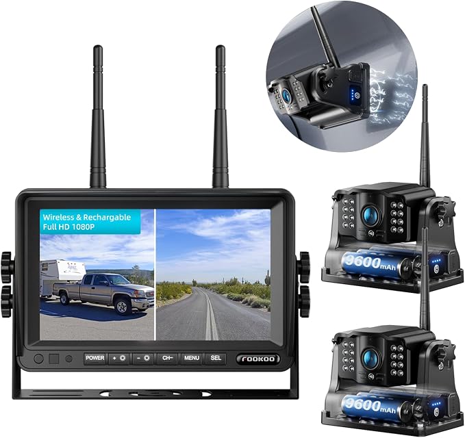 Fookoo HD Magnetic Wireless Backup Camera, 1080P 7" Dual Split Monitor & by FOOKOO