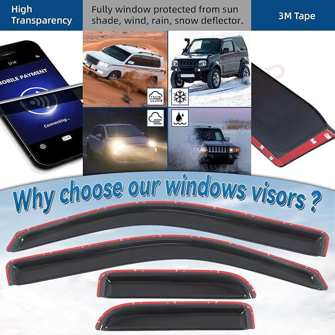 Set of 4 Front+Rear Smoke Sun Rain Guard Outside Mount Tape-On Acrylic Window - Image 2