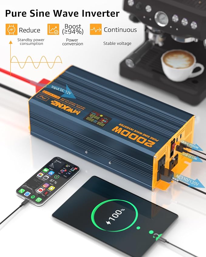 2000W Pure Sine Wave Power Inverter DC 12V to 110V 120V AC - Image 5