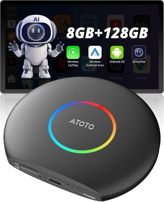 CB6 CarPlay AI Box & Android AI Box, Wireless CarPlay/AndroidAuto Adapter by ATOTOZONE