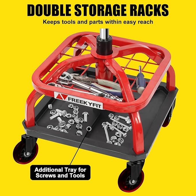 Rolling Stool with Red Wheels, Heavy Duty Garage Work Mechanic Rolling Shop - Image 5