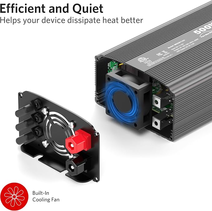 500W Pure Sine Wave Power Inverter, DC 12V to 110V AC Car Plug Inverter Adapter - Image 4