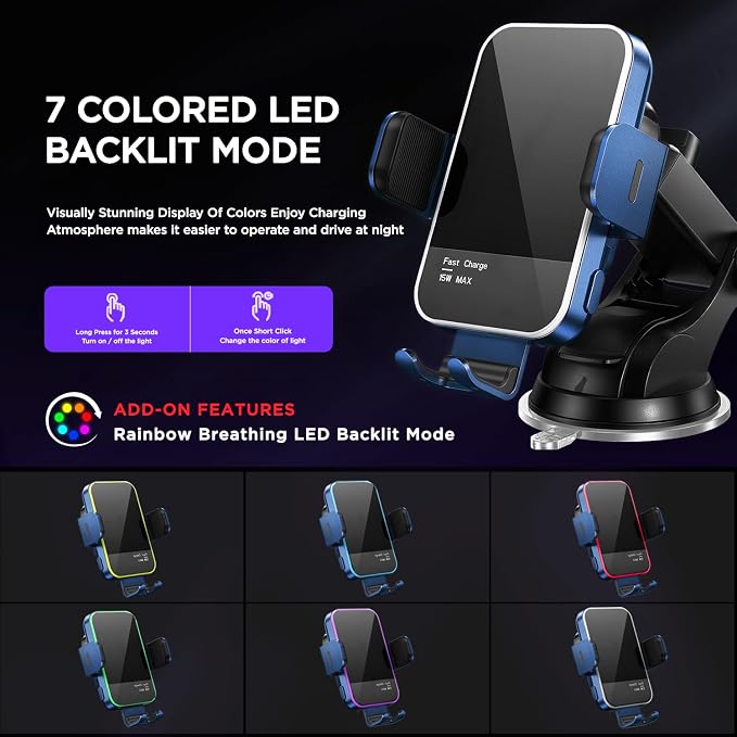 Wireless Car Charger, 【7 Colored LED Backlit】15W Auto Clamping Car Charger - Image 2
