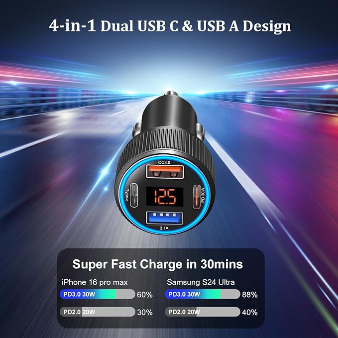 USB C Car Charger, 3 Pack 65W Dual 12V Car Power Adapter - Image 2
