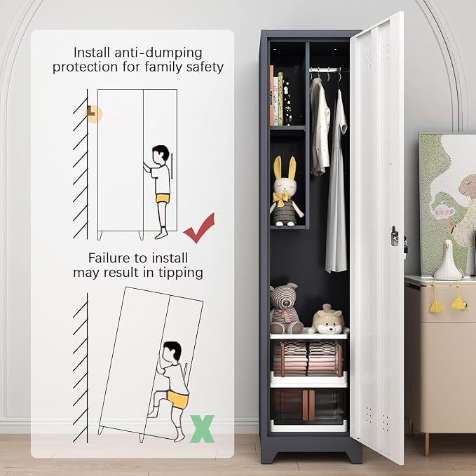 GREATMEET Slim Lockable Garage Storage Cabinet, Narrow Broom Storage Closet - Image 4