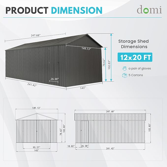 Domi 12'x20' Metal Garage Shed, Heavy Duty Outdoor Steel Carport - Image 2