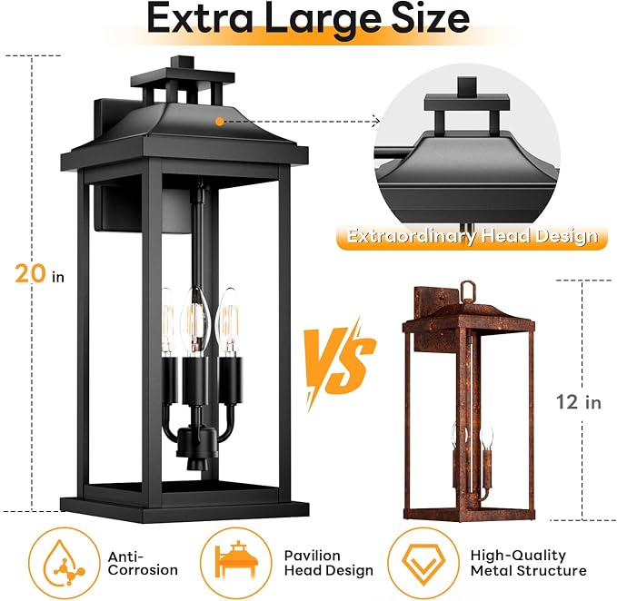 20" Large Outdoor Light Fixtures 3-Light 2 Pack, Exterior Wall Sconce Lanterns - Image 2