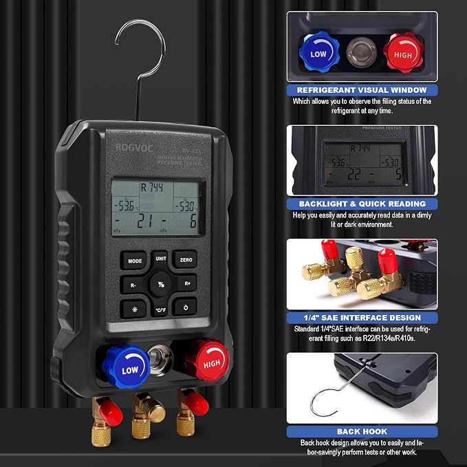 Digital Manifold Gauge, HVAC Refrigerants Digital AC Gauges Set - Image 3