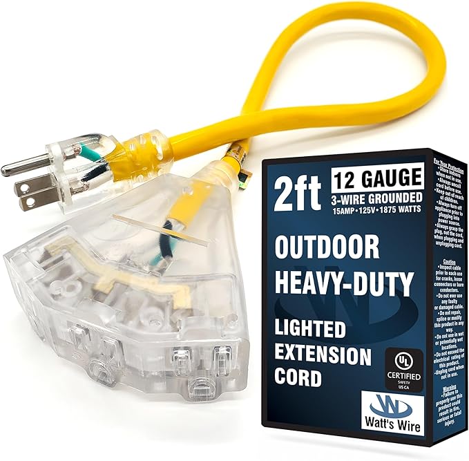 2 ft - 12 Gauge Heavy Duty Extension Cord - 3 Outlet Lighted SJTW - by WattsWire