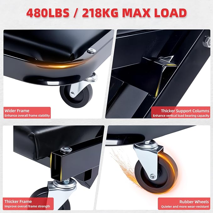 Mechanic Creeper 40inches 3-in-1 Z Seat 480lbs Capacity, Foldable Garage Chair - Image 4
