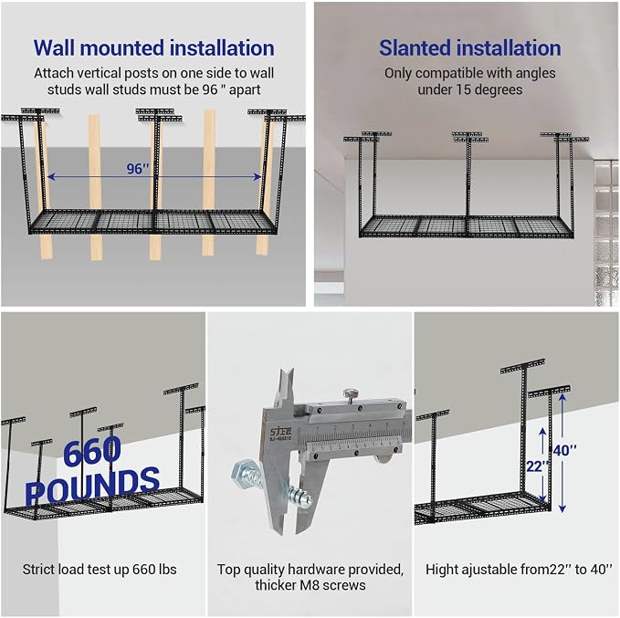 Overhead Garage Storage Rack 2x8 FT, Steel Ceiling Shelves 660lb Capacity - Image 4