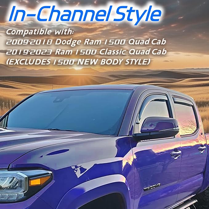 4 PCS in Channel Rain Guards for 2009-2018 Dodge Ram 1500 Quad Cab, Smoke - Image 3