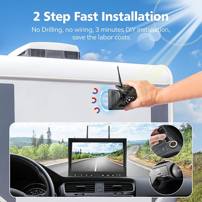 10.1" - 2 Magnetic Solar Wireless Backup Camera, HD 1080P DVR Monitor, Dual RV - Image 2