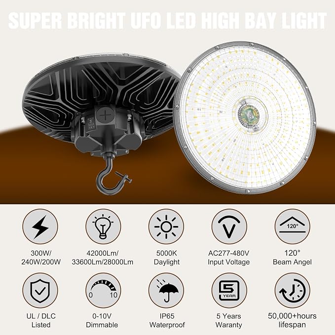9 Pack 480V LED High Bay Light UL DLC Listed UFO Light 300W 240W 200W Adjustable - Image 2