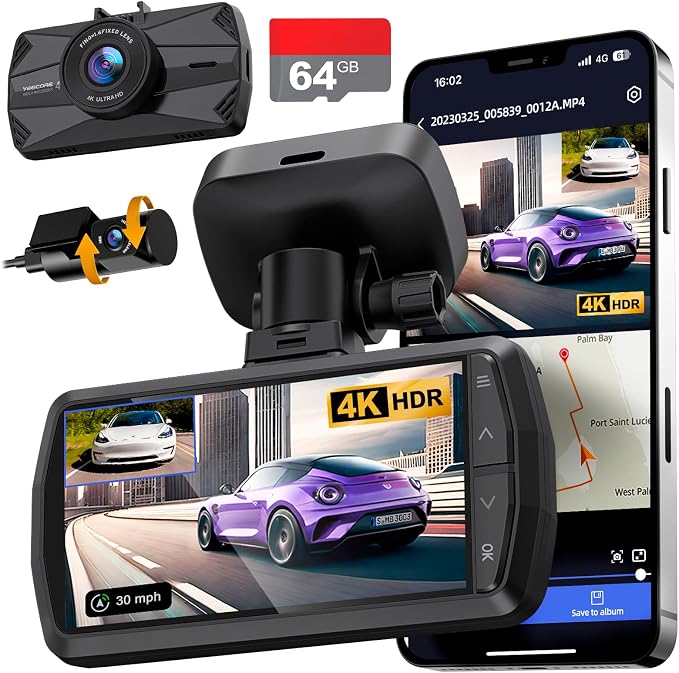 4K Dash Cam Front and Rear, Built-in WiFi GPS, 3.3"IPS Screen, HDR Night Vision by YEECORE