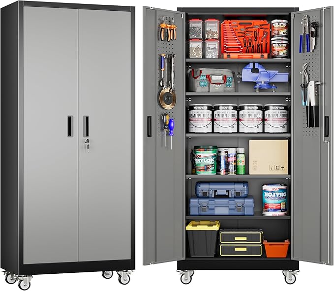 Garage Storage Cabinet with Pegboard and 5 Adjustable Shelves, Tool Storage by SUXXANFurniture