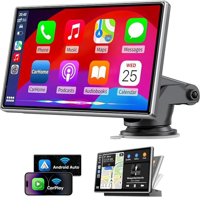 Upgrade Wireless Carplay Screen, Android Auto, Portable 7" HD IPS Screen by EOYAA