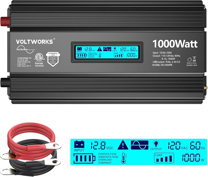 1000 Watt Pure Sine Wave Power Inverter ETL UL458 12V DC to 110V 120V AC 1000W by VOLTWORKS