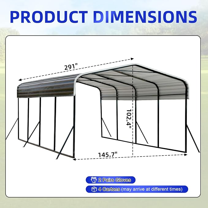 12x24 Metal Carport with Base Fixings Heavy Duty Garage Outdoor Chrome Plated - Image 2