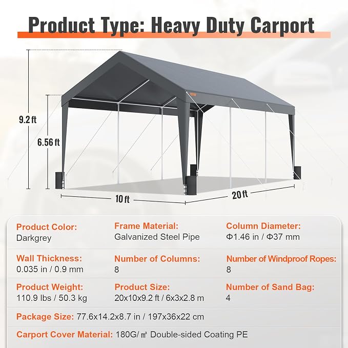 VEVOR Carport Car Canopy 10x20ft, Upgraded Heavy Duty Car Port Garage Boat - Image 7