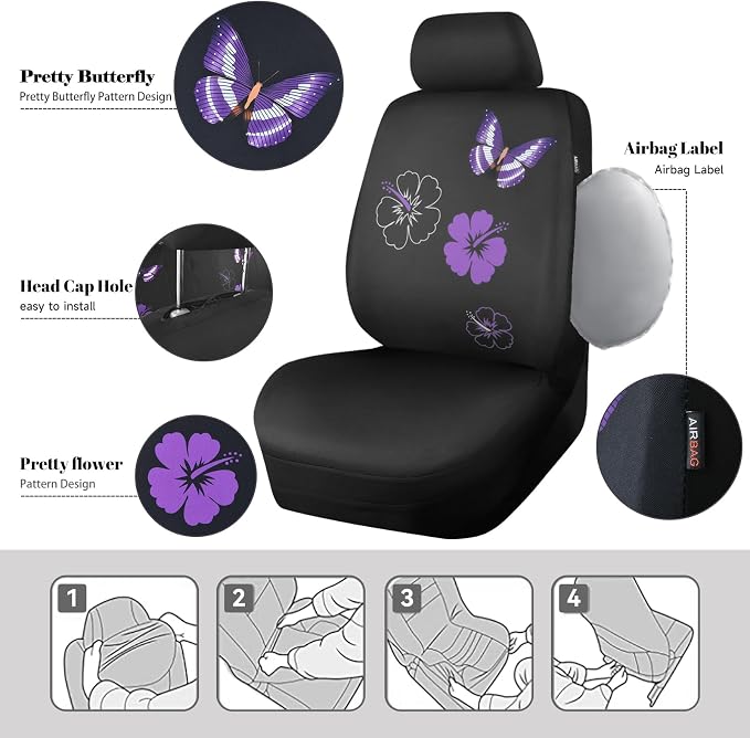 CAR PASS Universal Butterfly Car Seat Covers Front Set, Embroidered Flower - Image 3