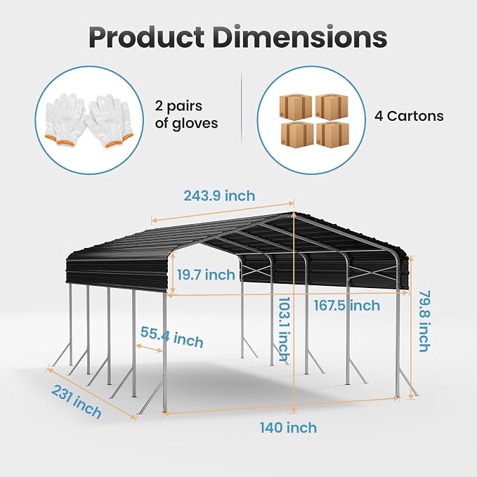 12x20Ft Carport, Heavy Duty Metal Car Port, All-Weather Protection, Easy - Image 5