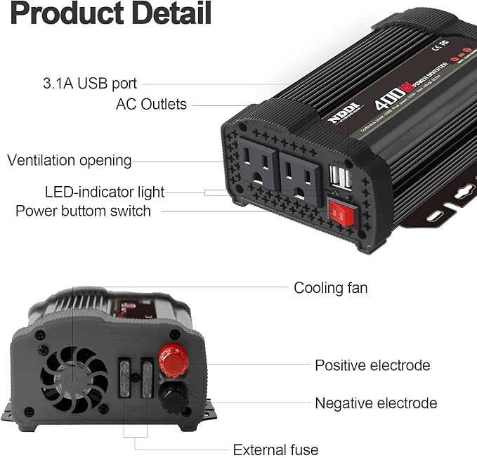 400W Car Power Inverter, DC 12V to 110V AC Converter - Image 2