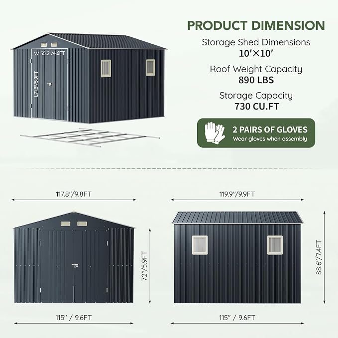 10x10 FT Outdoor Metal Storage Shed - Image 2