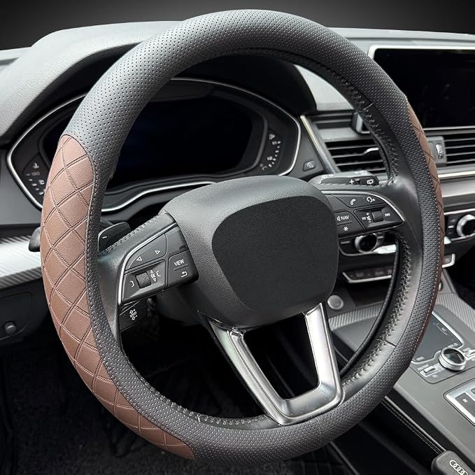 LKWLIKEI Nappa Leather Steering Wheel Cover, Elegant Diamond Checkered Design - Image 6