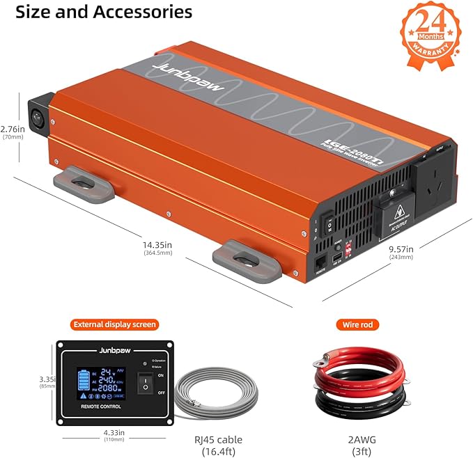 2080W Pure Sine Wave Inverter, 12V DC to 110V/120V AC, 6000W Peak, 5V/2.1A USB - Image 2