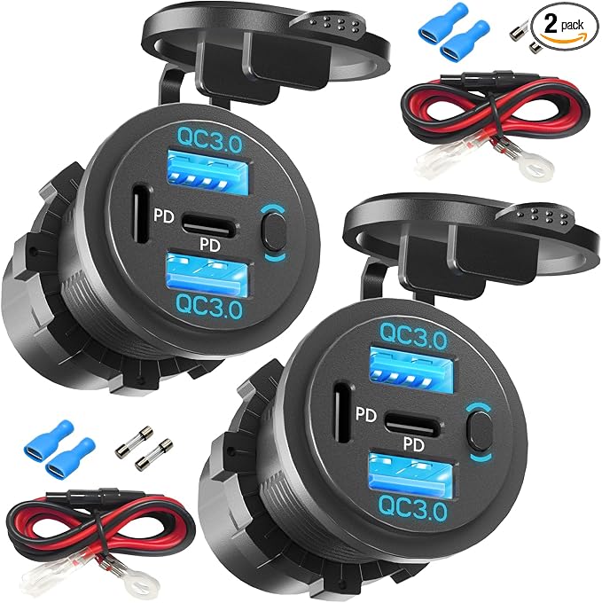 2PCS, Dual PD USB C Ports & Dual USB Quick Charge 3.0 Ports 12V USB Outlet by VANONE