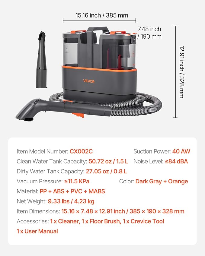 VEVOR Carpet Cleaner Machine, 50.72 oz Clean Water Tank & 27.05 oz Dirty Water - Image 7