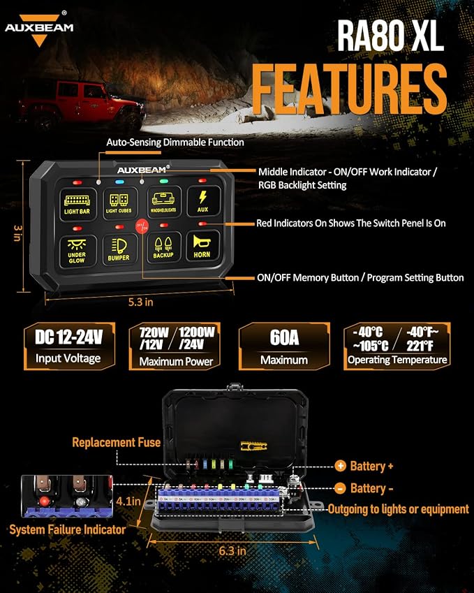 Auxbeam Switch Panel RGB 5 Inch Large 8 Gang Switch Panel RA80 XL Toggle - Image 5