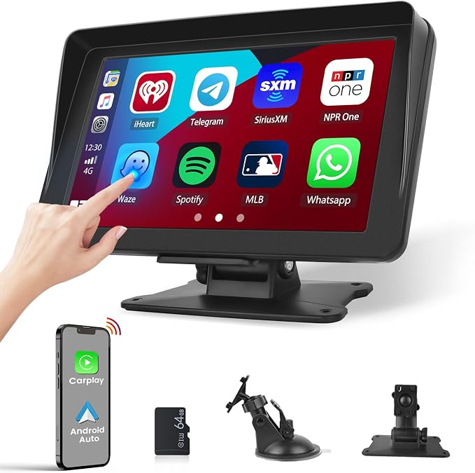 【64G TF Card】 Portable Wireless Apple CarPlay and Android Auto Screen by Hikity