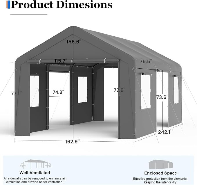 Carport, 13‘ x 20’ Heavy Duty Portable Garage All-Season Car Canopy w/Removable - Image 5