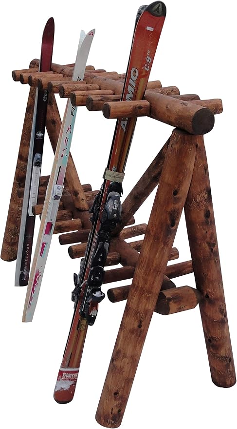 21-Place Freestanding Log Ski Rack Holder, Indoor & Outdoor Snowboard Racks - Image 4