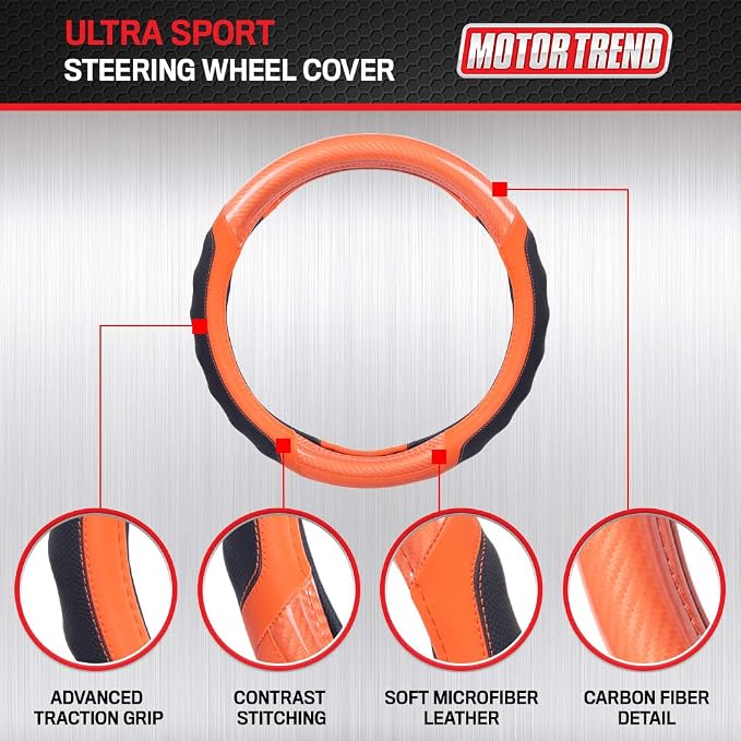 Motor Trend SW-812 Orange Ultra Sport Pebbled Leather Steering Wheel Cover - Image 2