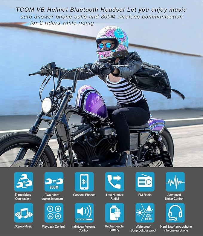 FreedConn Motorcycle Bluetooth Headset, TCOM VB 2-Way 800M Helmet Communication - Image 2