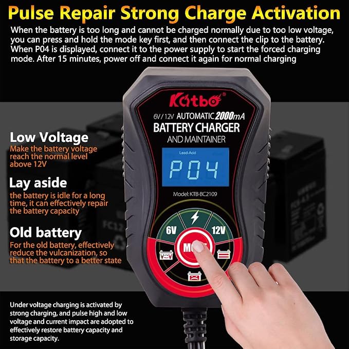 KATBO Battery Charger, 2Amp Battery Maintainer, car Battery Charger 6V 12V - Image 7