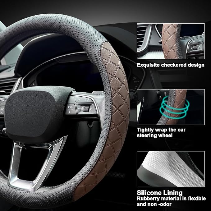 LKWLIKEI Nappa Leather Steering Wheel Cover, Elegant Diamond Checkered Design - Image 3