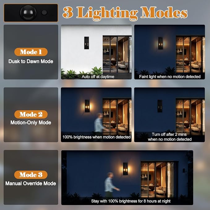 Black Motion Sensor Outdoor Lights 2-Light, 16” Modern Dusk to Dawn Sensor - Image 2