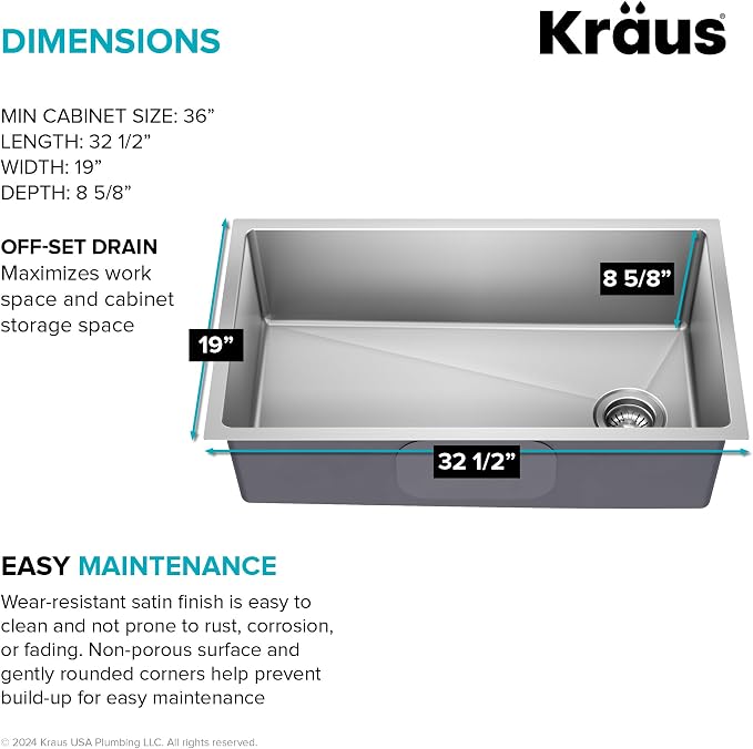 KRAUS Fairlane 33-inch Undermount Single Bowl 18-Gauge Stainless Steel Kitchen - Image 6