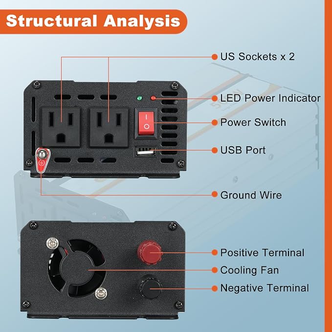500W Power Inverter, DC 12V to 120V AC Converter - Image 2