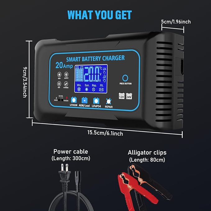 20-AMP Car Battery Charger, 12V 20A and 24V 10A Smart Automotive Charger - Image 7