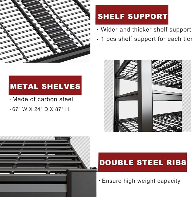 67" W Garage Shelving Heavy Duty, Adjustable 6 Tier Metal Shelves, Commercial - Image 5